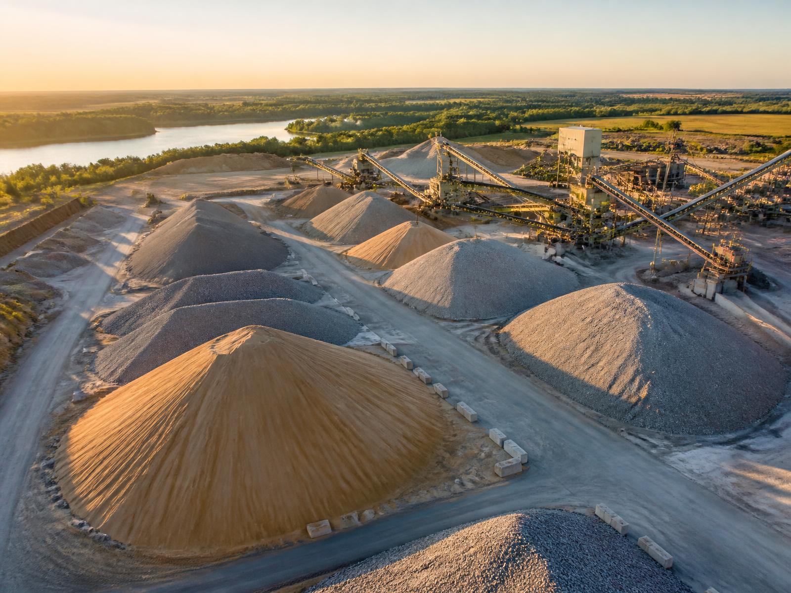 Large sand and aggregate stockpiles at an industrial quarry operation, with processing conveyors and infrastructure
