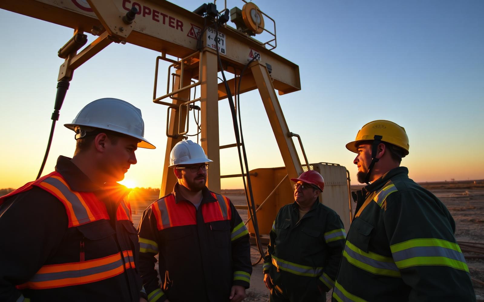 Oilfield crew in personal protective equipment reviewing operations at a wellsite